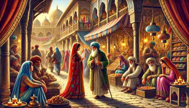 Scheherazade walking through the bustling marketplace, listening to the people