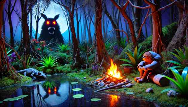 Mia sitting by a small campfire in the swamp at night, hearing the eerie call of the Bunyip with glowing eyes in the distance.