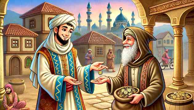 A wealthy merchant giving his last coin to a disguised Al-Khidr as a beggar, with the village in the background and a relieved expression on the merchant
