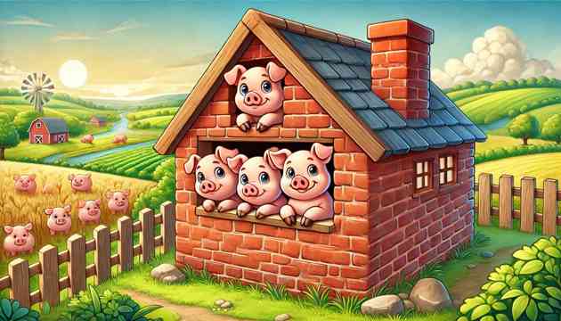 The three little pigs safe inside the sturdy brick house.
