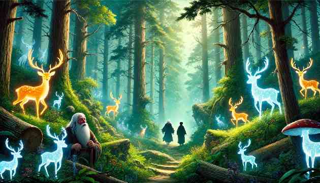 Hans and the hermit journey through the dense forest filled with magical creatures