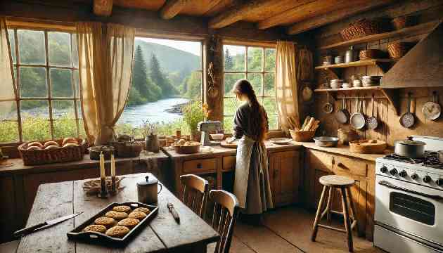 Clara baking in her cozy kitchen, with a view of the river through the window.