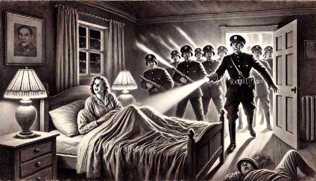 Thought Police bursting into the room where Winston and Julia are sleeping, forcefully entering with flashlights and shouting orders.