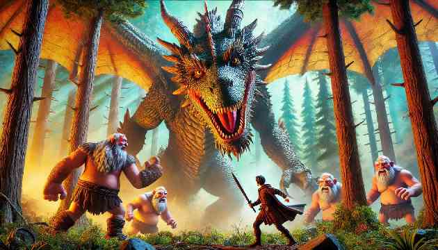 Battle with the Dragon: A fierce dragon towering over the giants with Liam hidden in the forest, ready to execute his plan. The scene is vibrant with detailed textures, showing the dragon