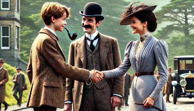 Sherlock Holmes shaking hands with Sir Edward while Dr. Watson and Clara Mallory stand nearby.