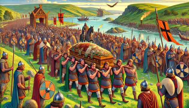 A grand funeral procession for Beowulf, the hero and king, with his body being carried by loyal warriors.