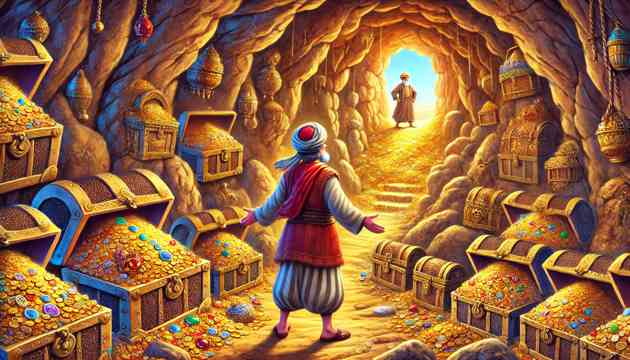 Ali Baba discovering the treasure cave of the forty thieves.