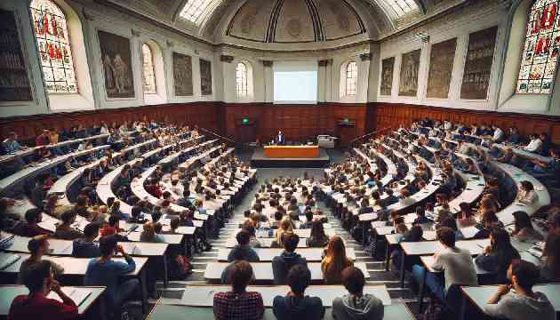 An academic lecture hall in London filled with students.