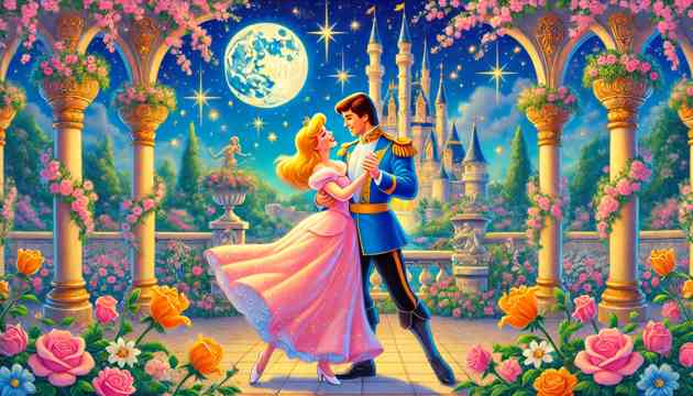 Cinderella and the Prince dance under the stars in the palace garden.