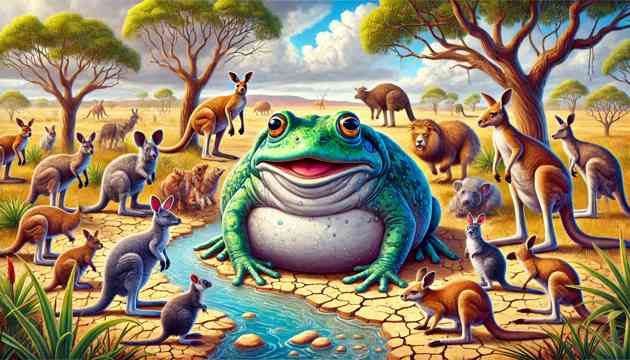Animals gathering around Tiddalik the frog who has swallowed all the water.