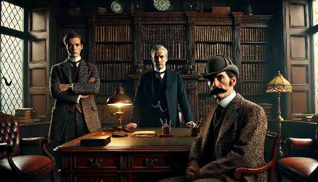 A dimly lit study with a stern-looking man behind a desk, facing Sherlock Holmes and Dr. Watson.