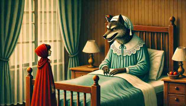 The wolf dressed as grandmother in bed, talking to Little Red Riding Hood.