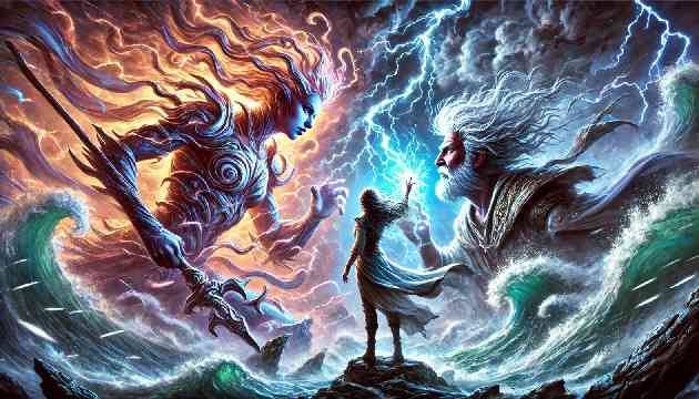 Elara confronting the Wind Elemental King amidst a raging storm.