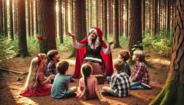 An older Little Red Riding Hood teaching children about forest safety.