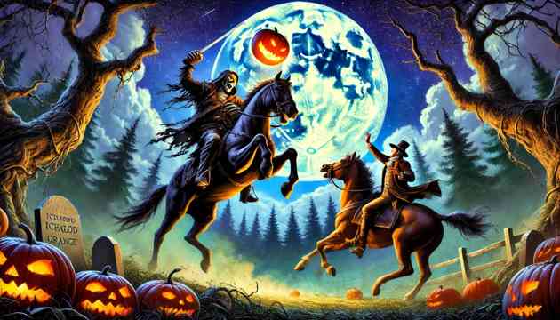 The Headless Horseman throwing a pumpkin at Ichabod Crane on a moonlit night.