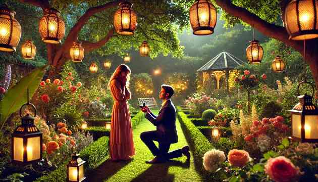A romantic garden proposal under lantern lights.