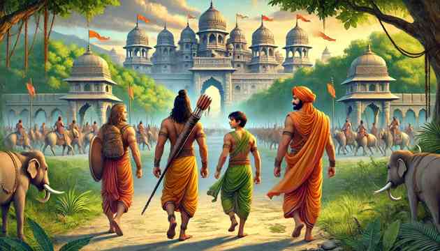 Rama, Sita, and Lakshmana dressed in simple forest attire, leaving Ayodhya for their exile.