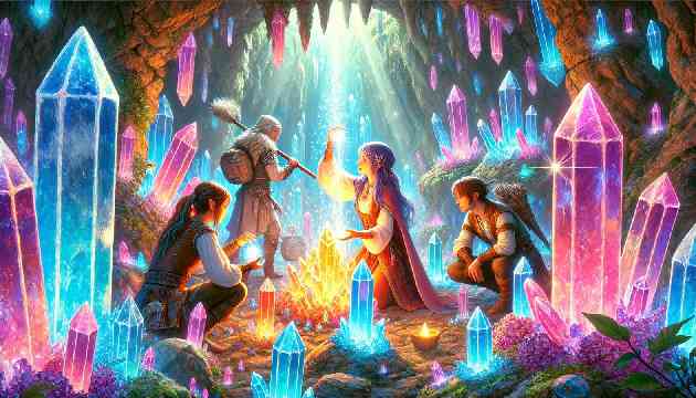 Elara and her friends in the Crystal Caves, cleansing tainted crystals.