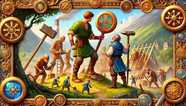 Return to the Giants: Liam helping the giants rebuild their society, using magical tools to make their work easier. The scene is vibrant with detailed textures, showing the giants constructing new buildings and cultivating land.