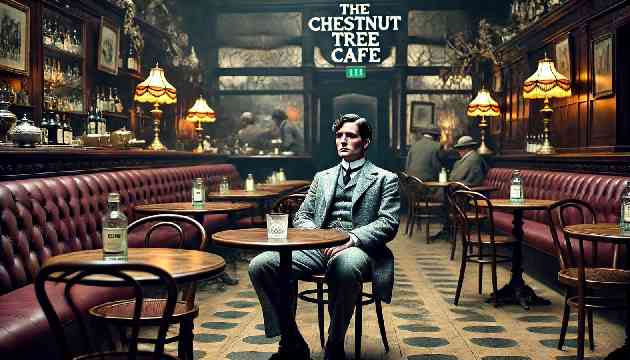 Winston sitting alone in the Chestnut Tree Café, staring blankly at the telescreen with a glass of gin in front of him.