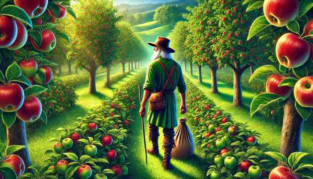 Johnny Appleseed in his distinctive attire, walking through a field of apple trees.