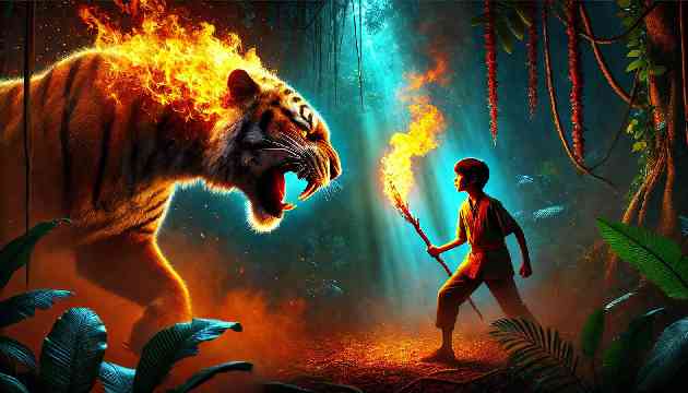 Mowgli facing Shere Khan with a burning branch.