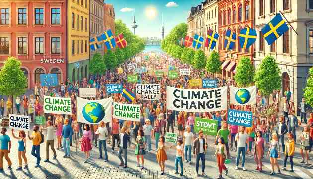 A generic climate change rally in Sweden with diverse people holding banners and signs promoting environmental sustainability.