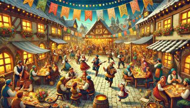 A festive scene with villagers dancing and celebrating the Festival of the Dragon with music and food.