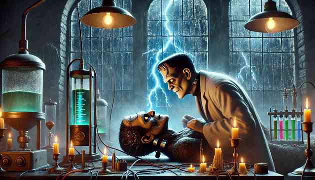 Victor Frankenstein animates his creature on a stormy night in a laboratory filled with equipment.