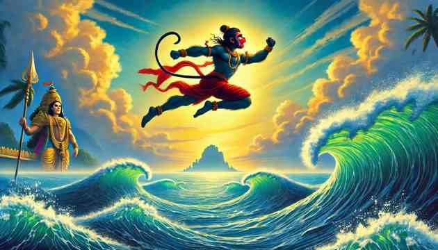 Hanuman leaping across the ocean to reach Lanka in search of Sita.