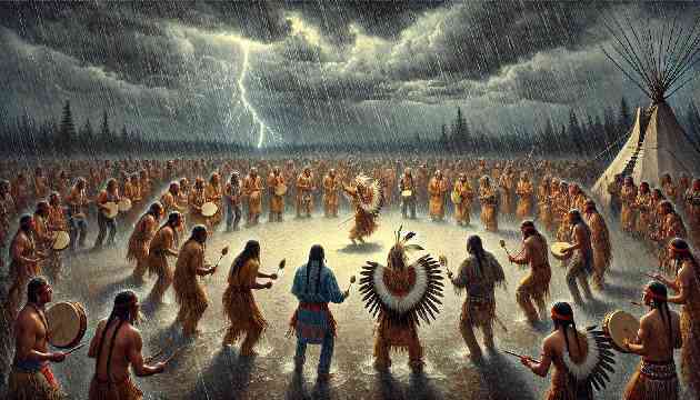 The Anishinaabe people performing the Sacred Dance under a stormy sky.