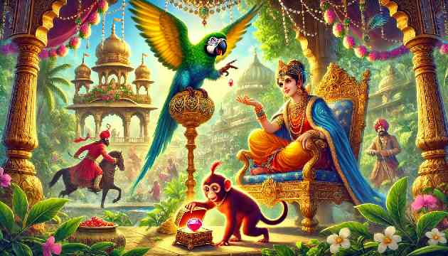 King Raja, the parrot Pari watching over the ruby, and the monkey Momo searching the palace courtyard for the hidden gem.