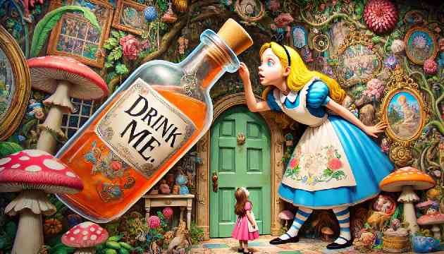 Alice drinking from a bottle labeled 