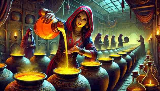 Morgiana pouring boiling oil into jars with hidden thieves.