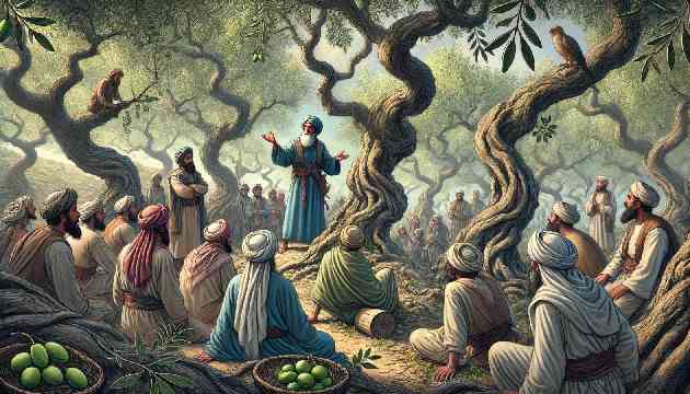  Al-Khidr teaching villagers in an ancient olive grove, showing how to care for the trees and harvest olives, with twisted branches and lush foliage.