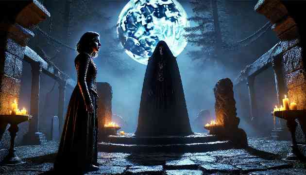 Marie confronting Morcant at a moonlit stone altar in the forest