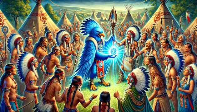 Blue Eagle presenting the Sacred Stone to the tribal elders, surrounded by his celebrating tribe.