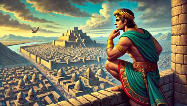Gilgamesh returning to Uruk, reflecting on his journey and legacy. The scene shows Gilgamesh standing atop the great walls of Uruk, overlooking the city with a thoughtful expression.