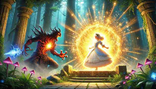 Marie unleashing radiant energy to defeat Morcant and restore the Heart of the Forest
