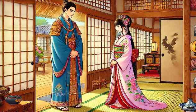 Emperor Mikado visits Kaguya-hime to ask for her hand in marriage.