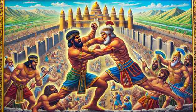 A fierce battle between Gilgamesh and Enkidu in the city of Uruk, showing both characters grappling with equal strength. The city is depicted with its walls and onlookers in awe, with bright colors and realistic textures.