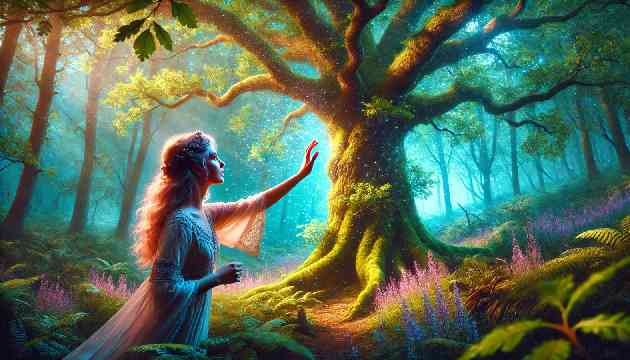 Elara touching the ancient oak tree in a mystical glade.
