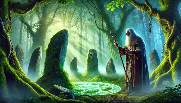 Ulysses meeting the druid Finn in a misty forest, with Finn performing a ritual at a sacred grove.