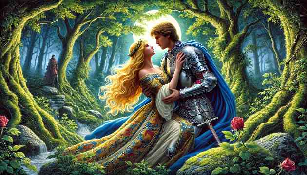Tristan and Iseult sharing a tender moment in a secluded forest glade under moonlight.