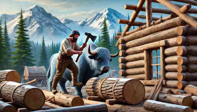 Paul Bunyan and Babe the Blue Ox building a settlement in Alaska.