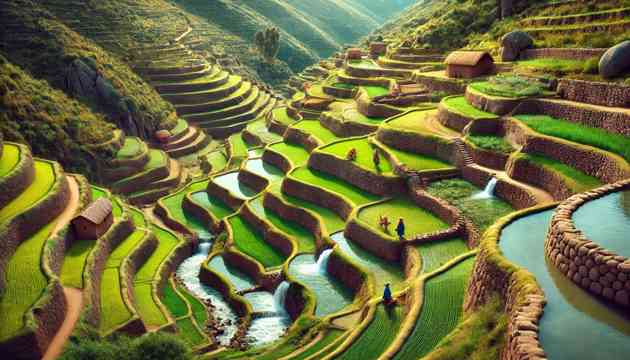 Terraced agricultural fields of the Incas with irrigation systems in the Andes.