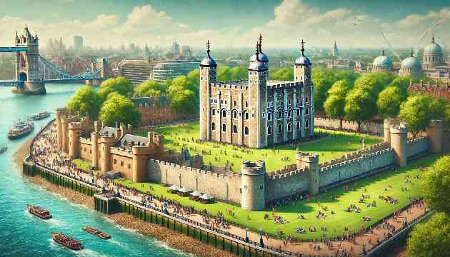 The Tower of London, a historic fortress on the River Thames.