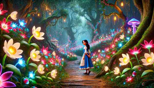 Marie on a hidden path with luminescent flowers and magical creatures