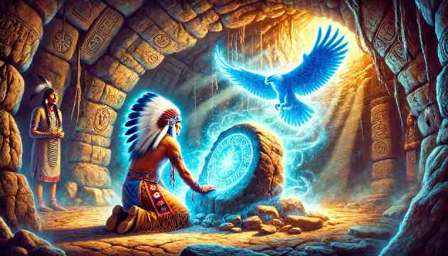 Blue Eagle kneeling before the glowing Sacred Stone in a hidden cave, with a mystical blue eagle spirit appearing.