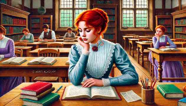 Anne Shirley studying diligently at her desk in Queen’s Academy, surrounded by books and notes.